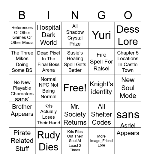 Deltarune Chapter 6 Bingo Card
