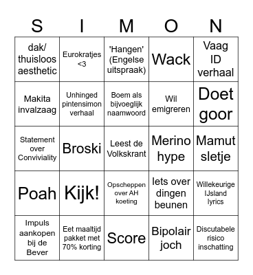 Simon 2026 Bingo Card