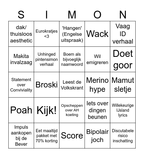 Simon 2026 Bingo Card