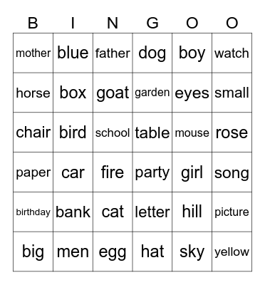 Word Bingo Card