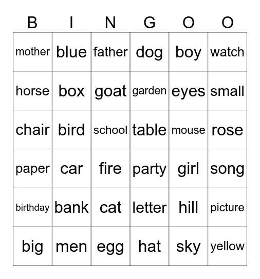 Word Bingo Card