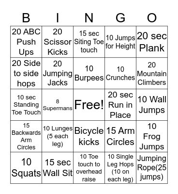 Fitness Bingo Card
