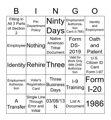 I-9 Bingo Card