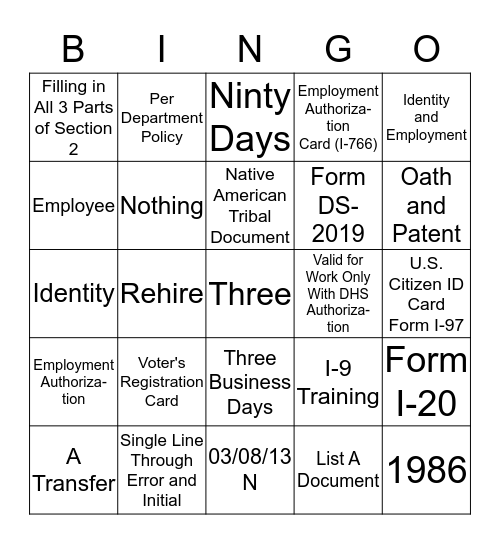 I-9 Bingo Card