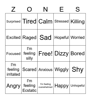 Zones of Regulation Bingo Card