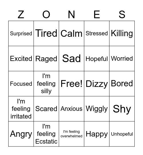 Zones of Regulation Bingo Card
