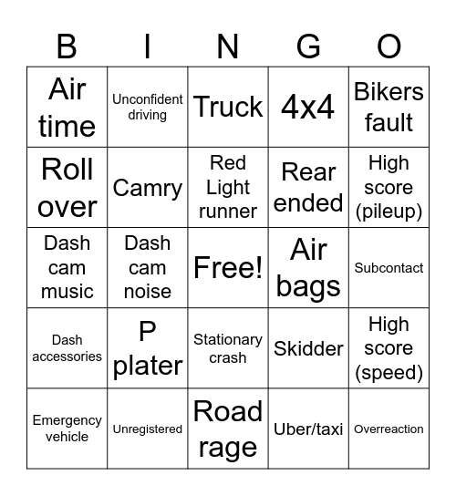 Car crash bingo 7 Bingo Card