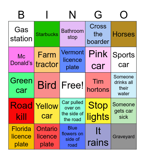 Road trip bingo Card