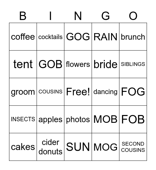 Orchard wedding Bingo Card