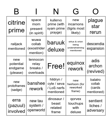 wf tennocon Bingo Card