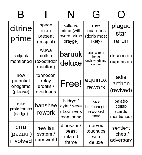 wf tennocon Bingo Card