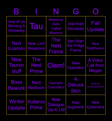 2026 Tenno Con Bingo Card