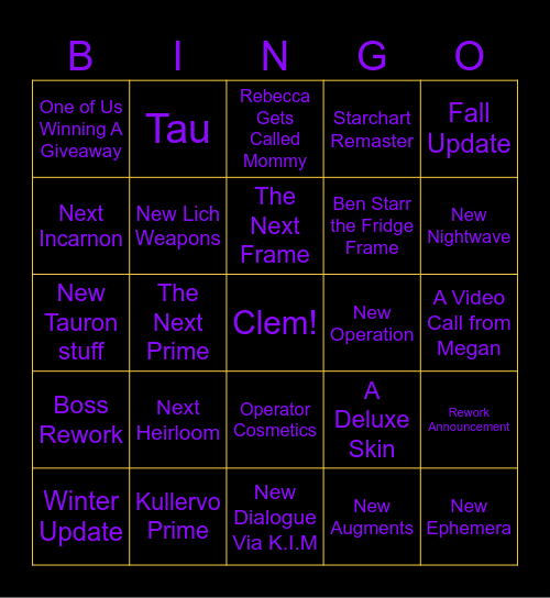 2026 Tenno Con Bingo Card
