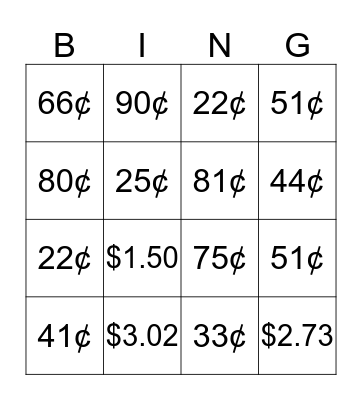 Coins and Money Bingo Card