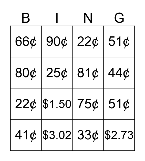 Coins and Money Bingo Card