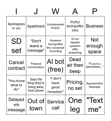 Calling Center Bingo Card