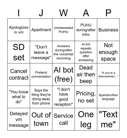 Calling Center Bingo Card