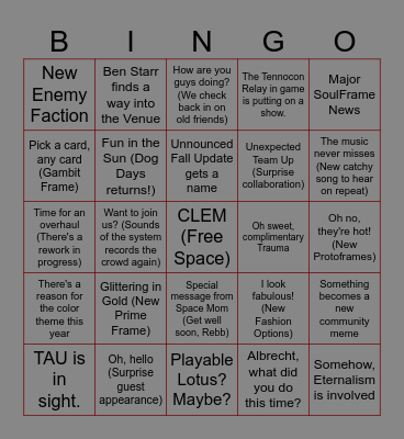 Tennocon 2026 Bingo Card