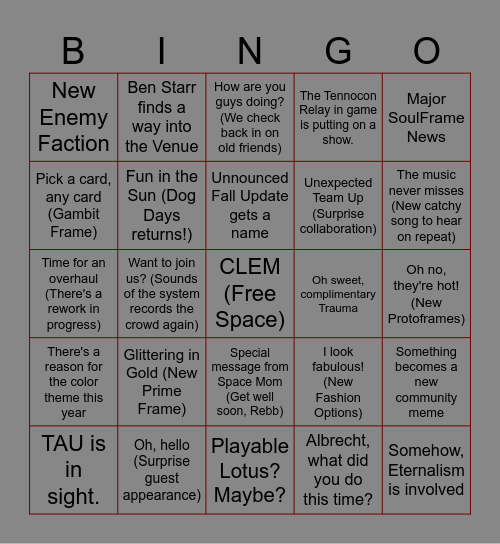 Tennocon 2026 Bingo Card