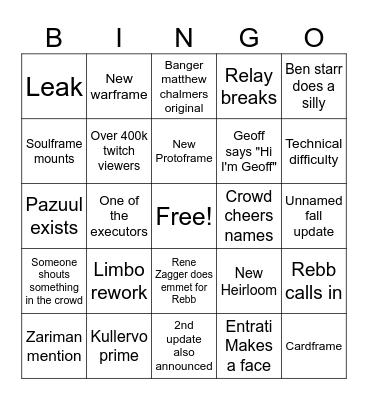 Tennocon Bingo Card