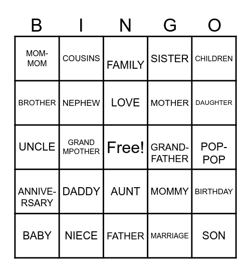 FAMILY REUNION Bingo Card