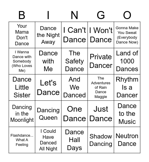 Songs With The Word "Dance" Bingo Card