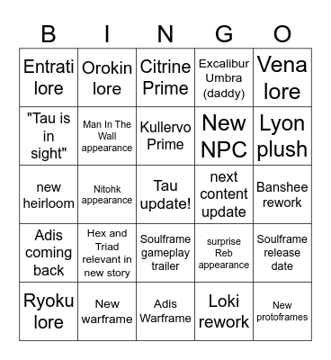 Tennocon Bingo card Bingo Card