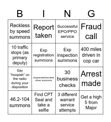 SGT Neal Bingo Card