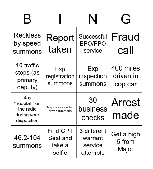 SGT Neal Bingo Card