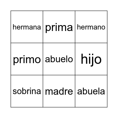 FAMÍLIA em ESPANHOL Bingo Card