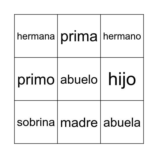 FAMÍLIA em ESPANHOL Bingo Card