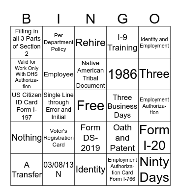 I-9 Bingo Card