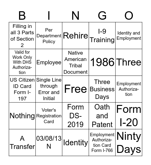 I-9 Bingo Card