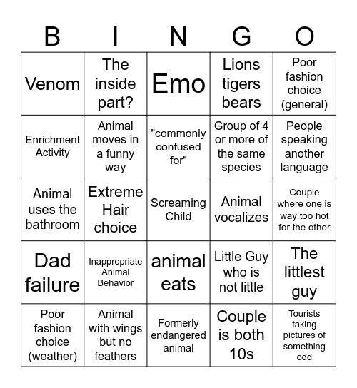 Zoo Day Bingo Card