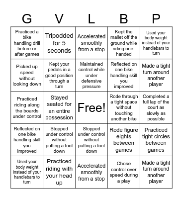 July Bike Handling Bingo Card