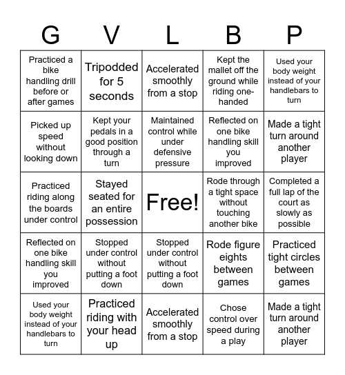July Bike Handling Bingo Card