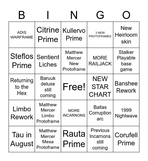 Tennocon 2026 Bingo Card