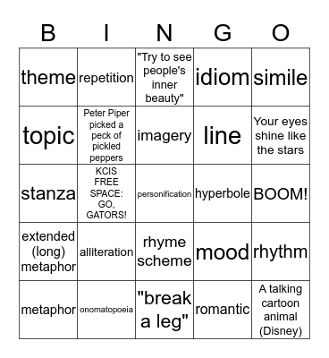 Poetry Bingo Card