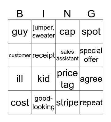 Unit 3 lesson 4 Bingo Card