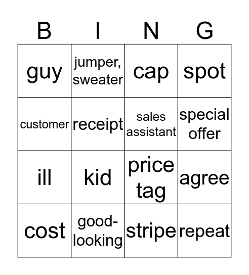 Unit 3 lesson 4 Bingo Card