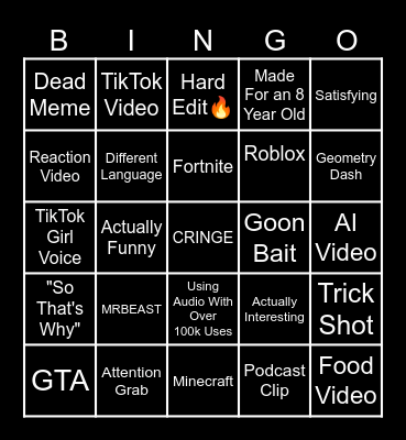 YouTube Shorts Bingo Card