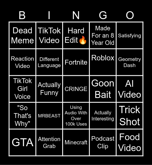 YouTube Shorts Bingo Card