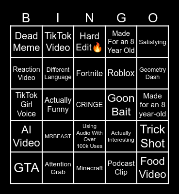 YouTube Shorts Bingo Card