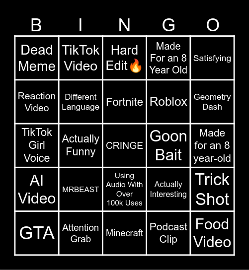 YouTube Shorts Bingo Card