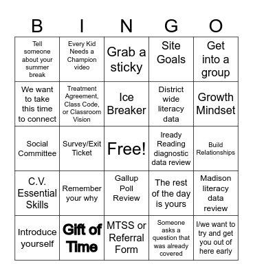 Welcome Back P.D. Bingo Card