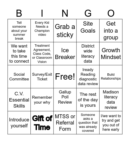 Welcome Back P.D. Bingo Card