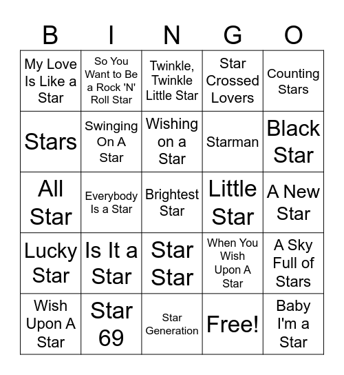 Songs with "Star" in the Title Bingo Card