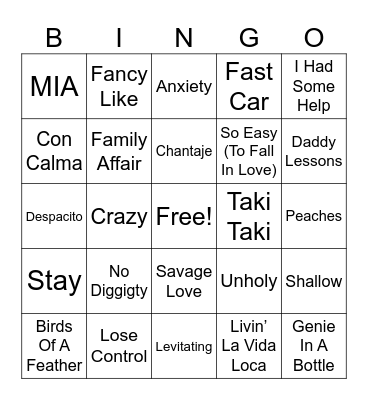 CROSSOVER HITS MUSIC Bingo Card