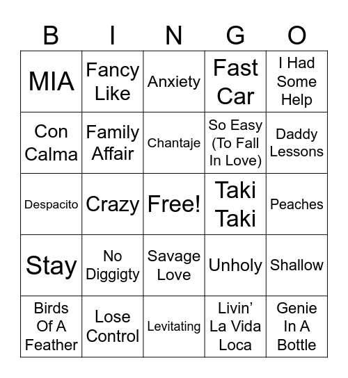 CROSSOVER HITS MUSIC Bingo Card