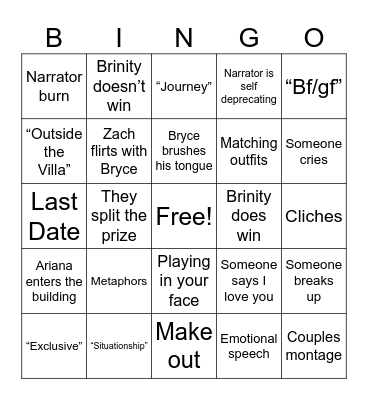 Love Island Finale Bingo Card
